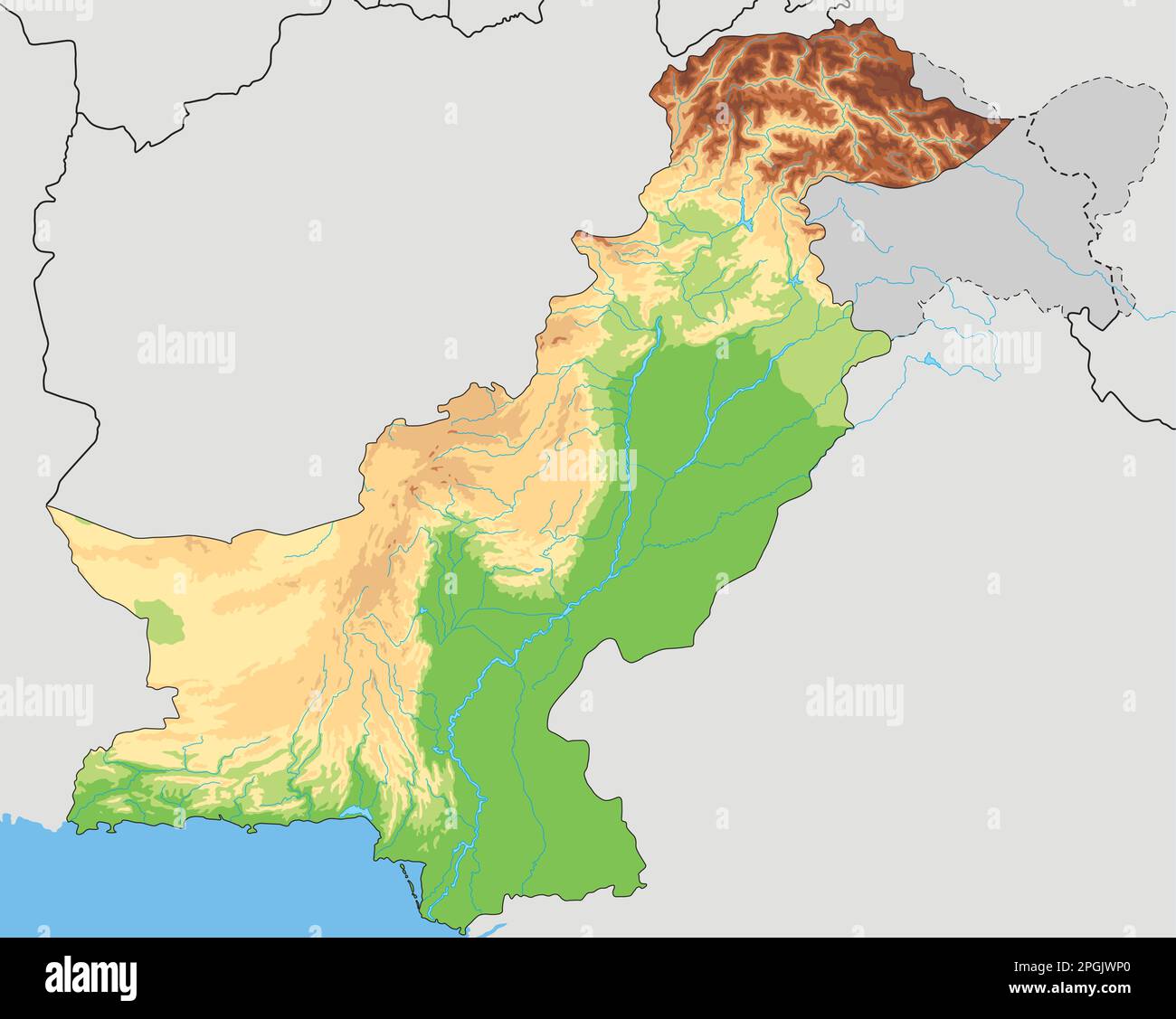 Mappa fisica del Pakistan molto dettagliata. Illustrazione Vettoriale