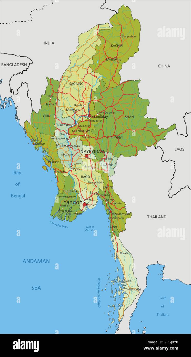 Mappa politica modificabile estremamente dettagliata con livelli separati. Myanmar. Illustrazione Vettoriale