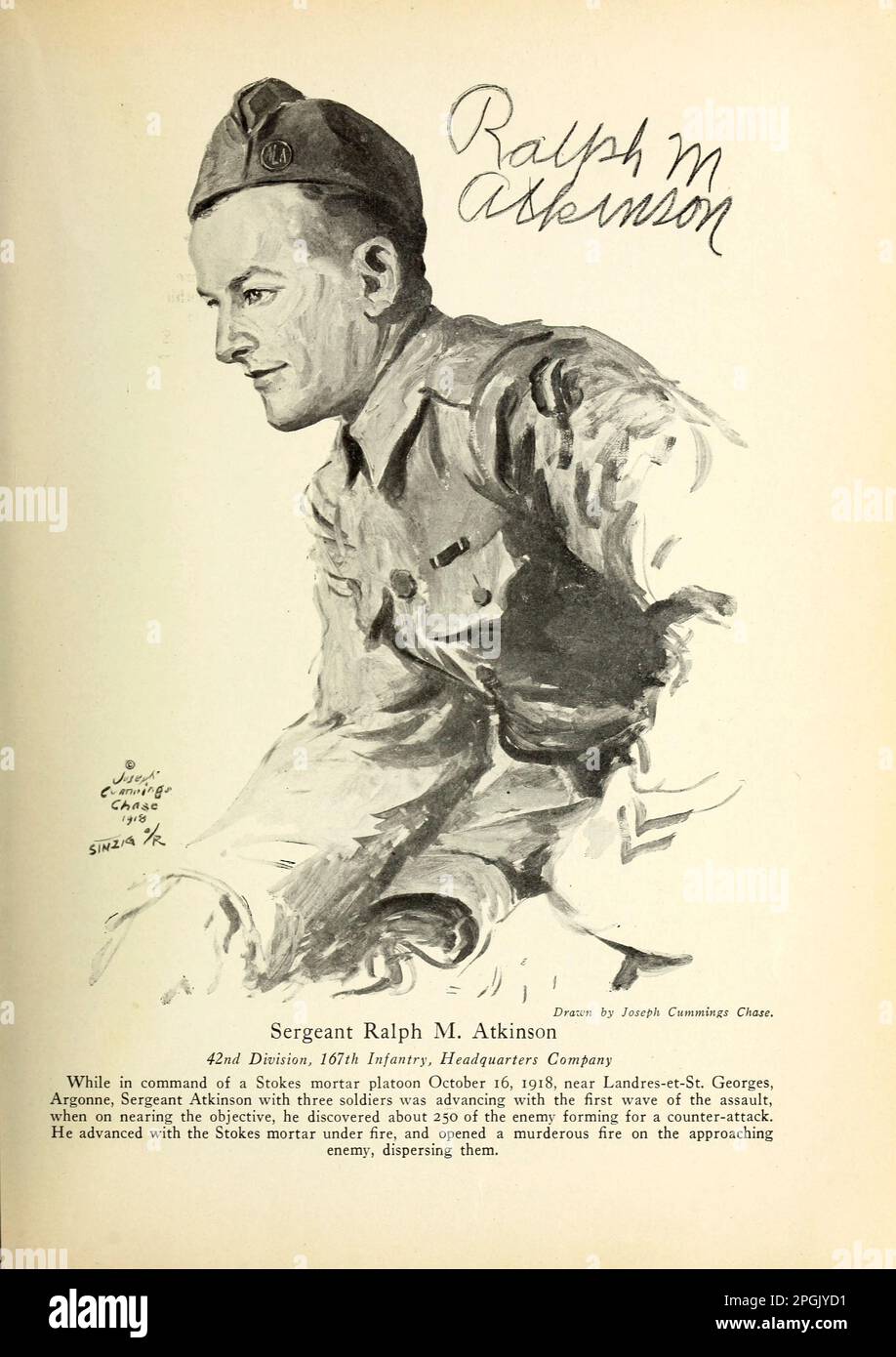 Sergente Ralph M. Atkinson 42nd Divisione 167th Fanteria, sede della società mentre al comando di un piatto di Malta Stokes i6 ottobre 1918, vicino Landres-et-St.. Georges, Argonne, Sergente Atkinson con tre soldati stava avanzando con la prima ondata dell'assalto, quando sul prossimo obiettivo, ha scoperto circa 250 del nemico che si forma per un contro-attacco. Avanzò con il mortaio di Stokes sotto il fuoco, e aprì un fuoco omicida sul nemico in avvicinamento, disperderli. Dal libro ' fatti di eroismo e coraggio : il libro degli eroi e dell'audacia personale ' di Elwyn Alfred Barron e Rup Foto Stock