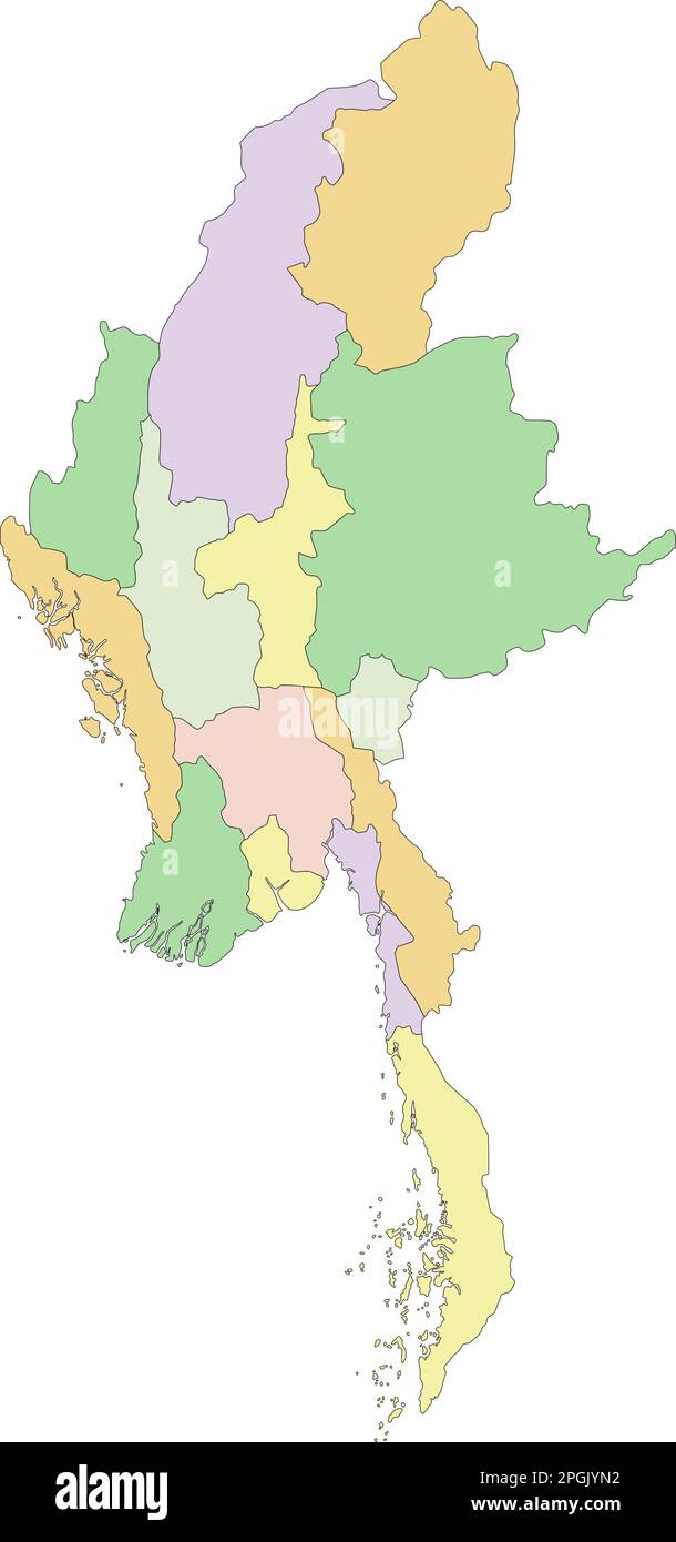 Myanmar - mappa politica modificabile molto dettagliata. Illustrazione Vettoriale