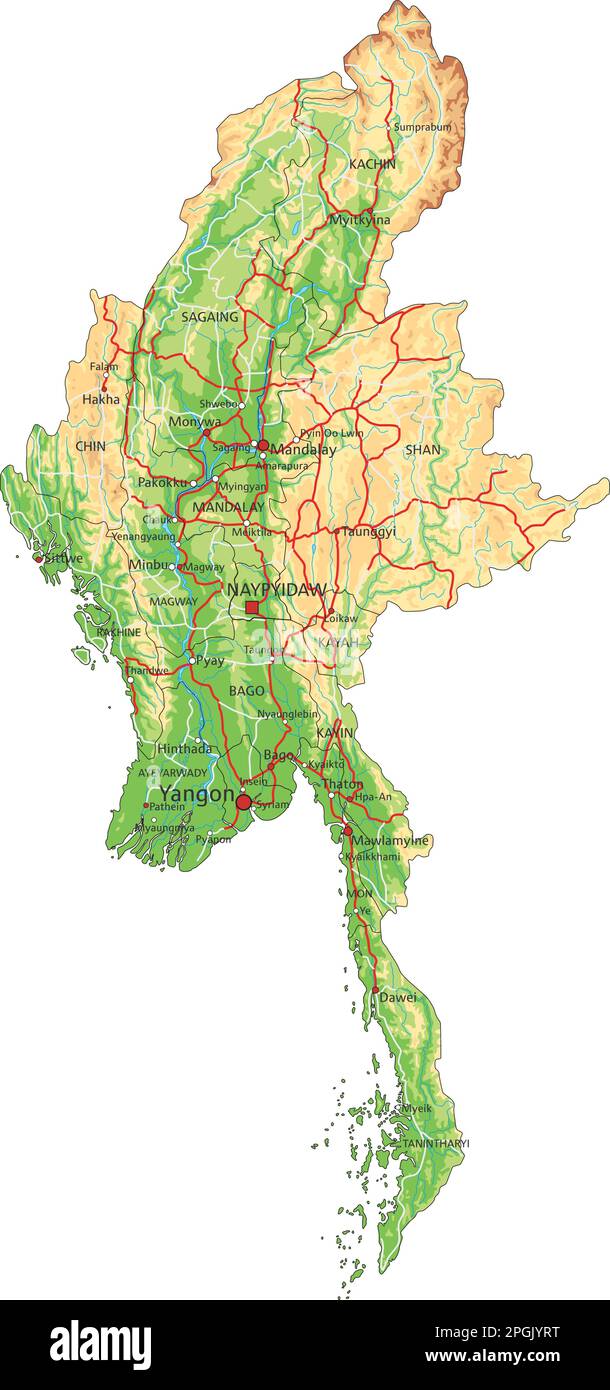 Mappa fisica del Myanmar molto dettagliata con etichettatura. Illustrazione Vettoriale