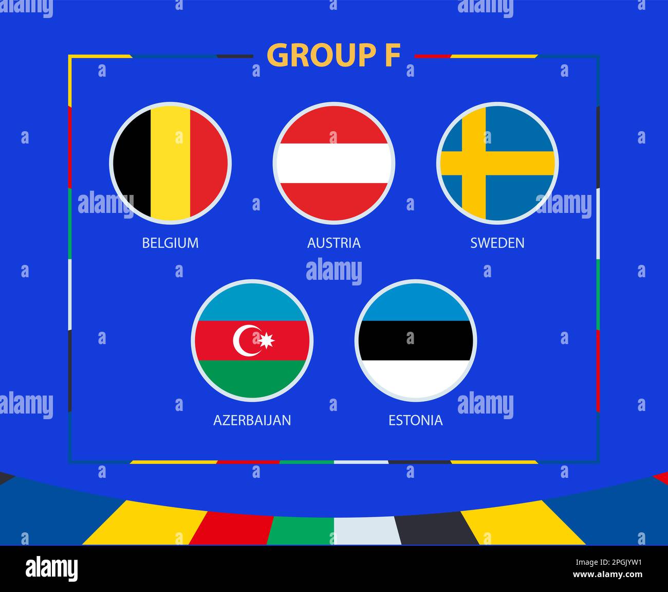 Bandiere circolari del Gruppo F. partecipanti al torneo europeo di calcio di qualificazione 2024. Calcio vettore sfondo. Illustrazione Vettoriale