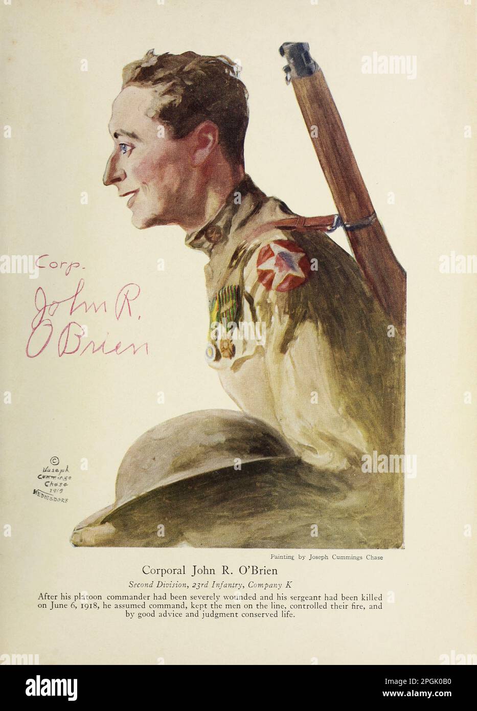Caporale John R. o'Brien seconda Divisione, 2jrd Fanteria, Compagnia K dopo che il suo comandante plotone era stato gravemente ferito e il suo sergente era stato ucciso il 6 giugno 1918, assunse il comando, mantenne gli uomini sulla linea, controllò il loro fuoco, e con buoni consigli e giudizio conservò la vita. Dal libro ' fatti di eroismo e coraggio : il libro di eroi e audacia personale ' di Elwyn Alfred Barron e Rupert Hughes, Pubblicazione Data 1920 Editore New York : Harper & Brothers Editori Foto Stock