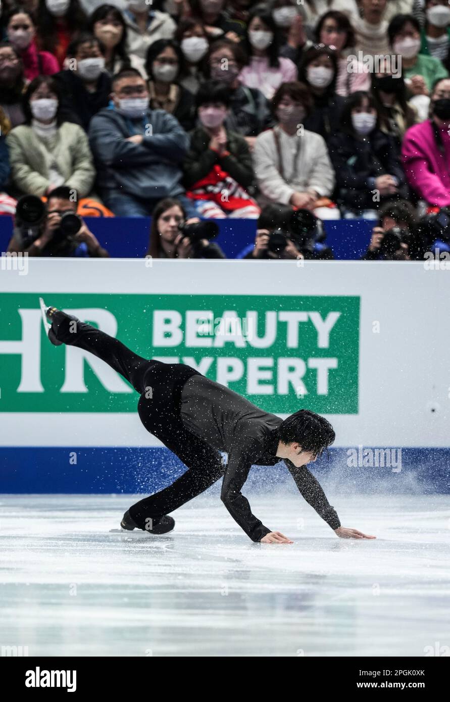 Saitama, Giappone. 23rd Mar, 2023. Yamamoto Sota of Japan cade durante il breve programma maschile al Campionato Mondiale di Pattinaggio ISU al Saitama Super Arena di Saitama, Giappone, 23 marzo 2023. Credit: Zhang Xiaoyu/Xinhua/Alamy Live News Foto Stock