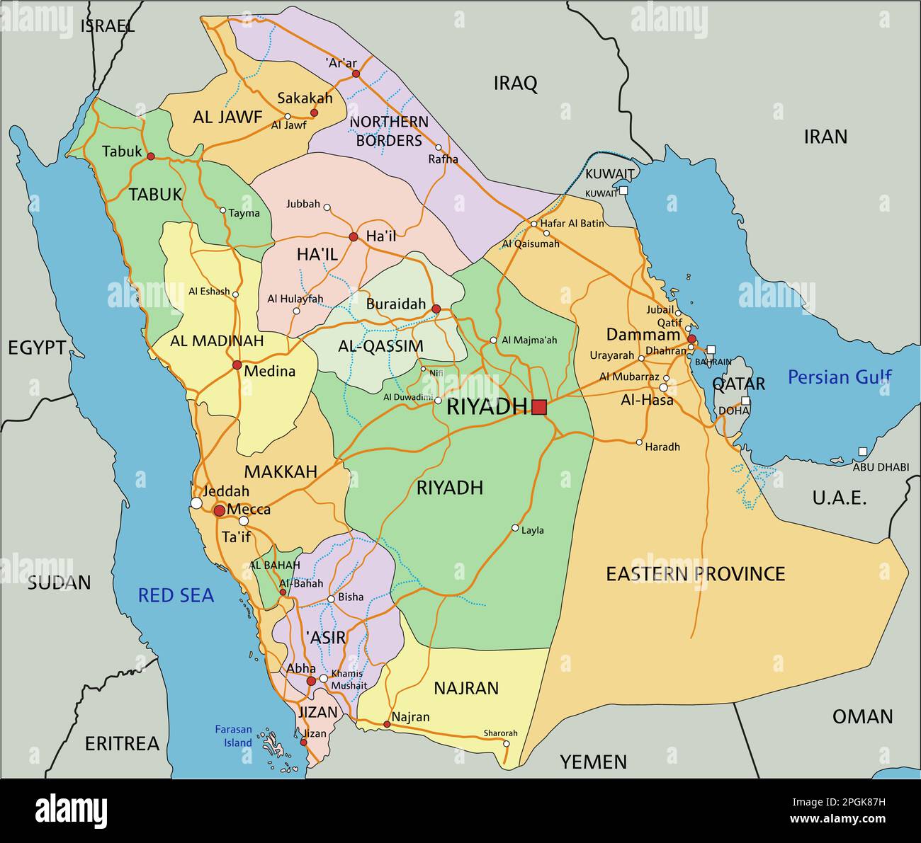 Arabia Saudita - Mappa politica modificabile molto dettagliata con etichettatura. Illustrazione Vettoriale
