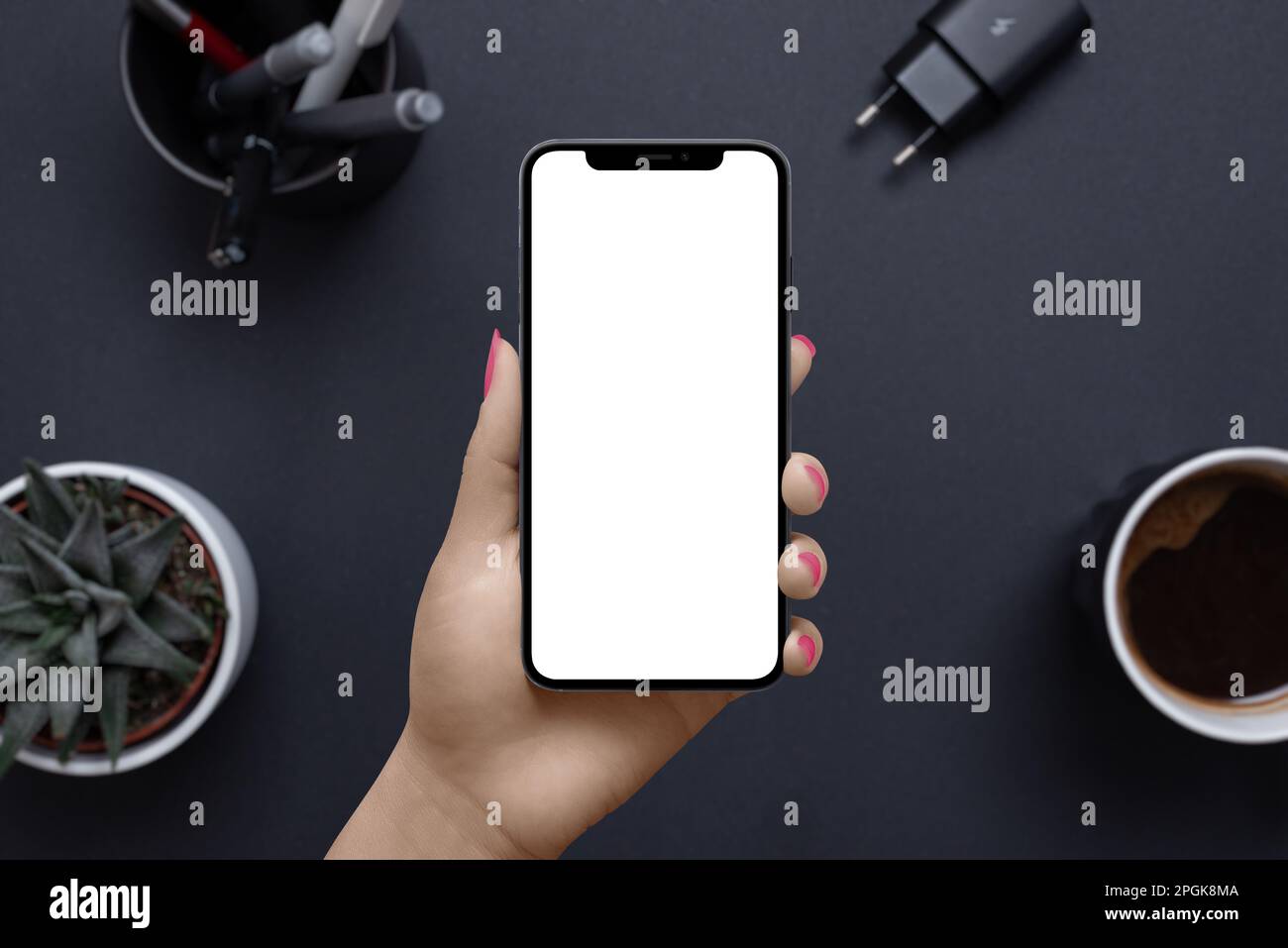 Telefono in mano donna con display isolato per mockup. Business, Office mockup per la presentazione di app o pagine Web. Scrivania con tazza da caffè, impianto, pe Foto Stock