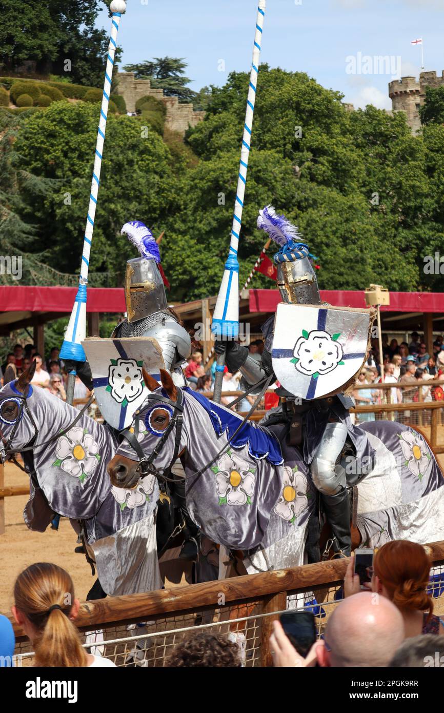 Due individui in costumi medievali e cappelli a cavallo posa per gli spettatori in un ambiente remoto Foto Stock