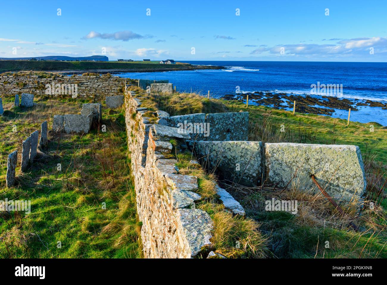 Resti di un posto di osservazione in tempo di guerra che domina il Pentland Firth, conosciuto localmente come la batteria. Vicino al villaggio di Mey, Caithness, Scozia, Regno Unito Foto Stock
