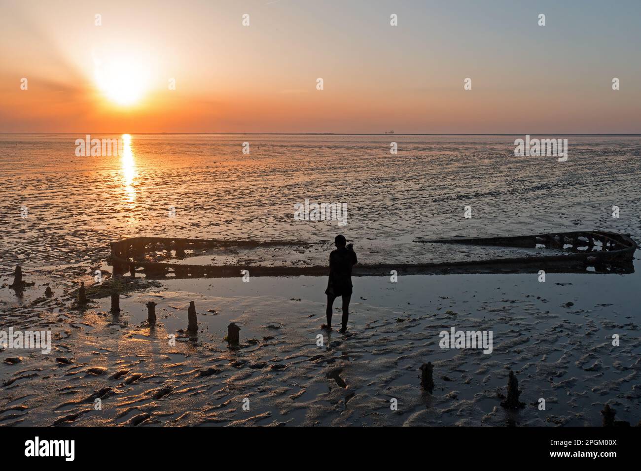 Aereo da un vecchio relitto nel Mare di Wadden nei Paesi Bassi al tramonto con un turista che fa una foto Foto Stock