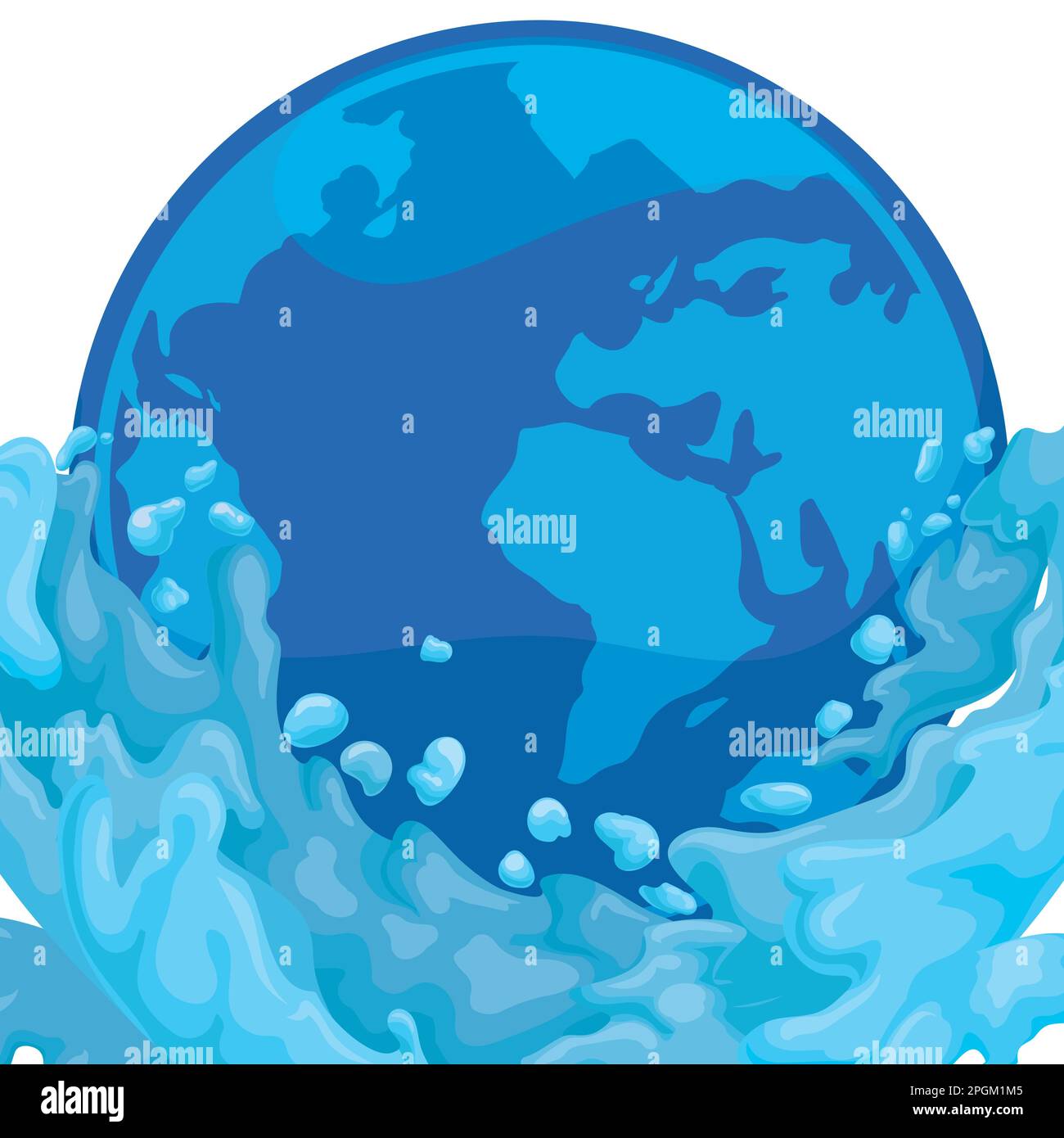 Pulsante rotondo blu con globo terrestre dietro spruzzi d'acqua in stile cartoon. Illustrazione Vettoriale