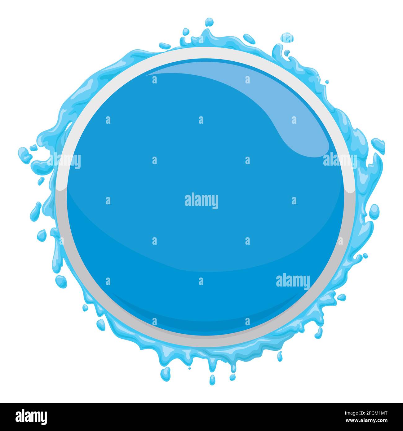 Modello acquoso con bottone blu lucido, decorato con cornice in argento e spruzzi d'acqua. Design in stile cartone animato. Illustrazione Vettoriale
