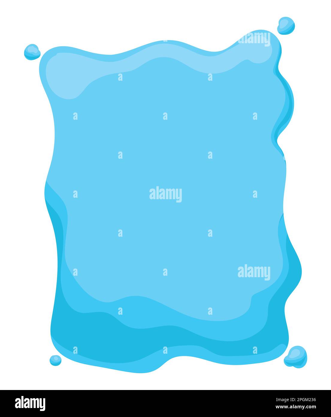 Modello isolato in stile cartoon con segno blu in forma rettangolare e irregolare come spruzzi d'acqua. Design in stile cartone animato. Illustrazione Vettoriale