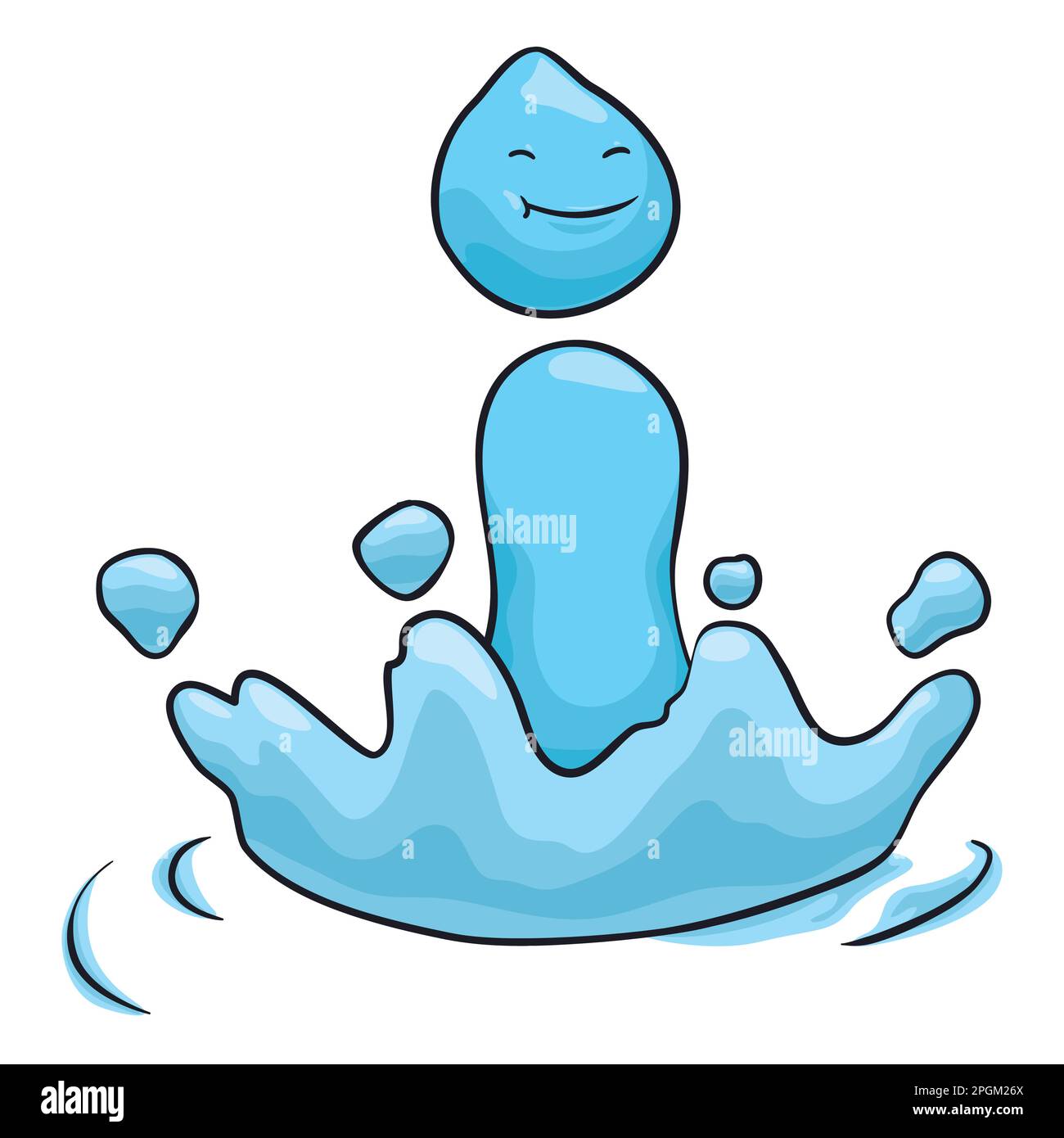 Il carattere blu prodotto dell'impatto di una goccia, con un gesto sorridente, alcuni schizzi e increspature. Design in stile cartone animato. Illustrazione Vettoriale