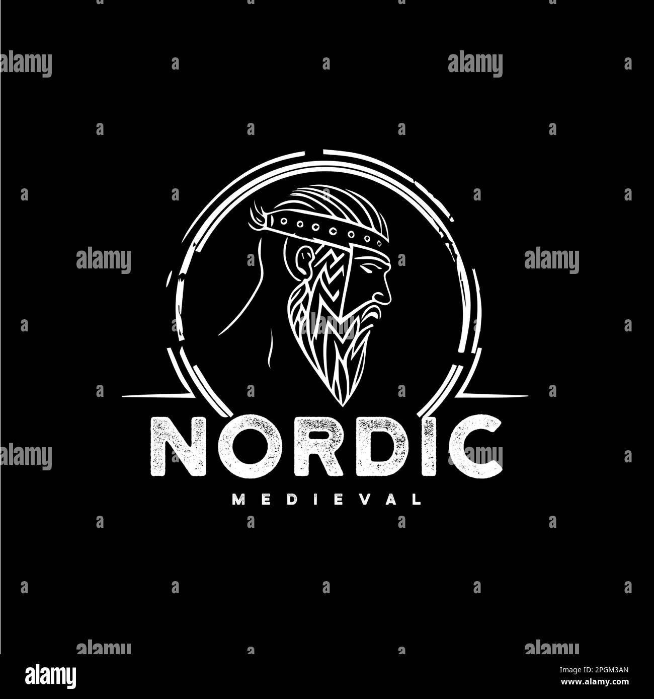 Emblema per la testa dell'uomo nordico, modello con logo vichingo, antico segno guerriero, artigiano medievale di mascotte artigiane. Illustrazione vettoriale. Illustrazione Vettoriale