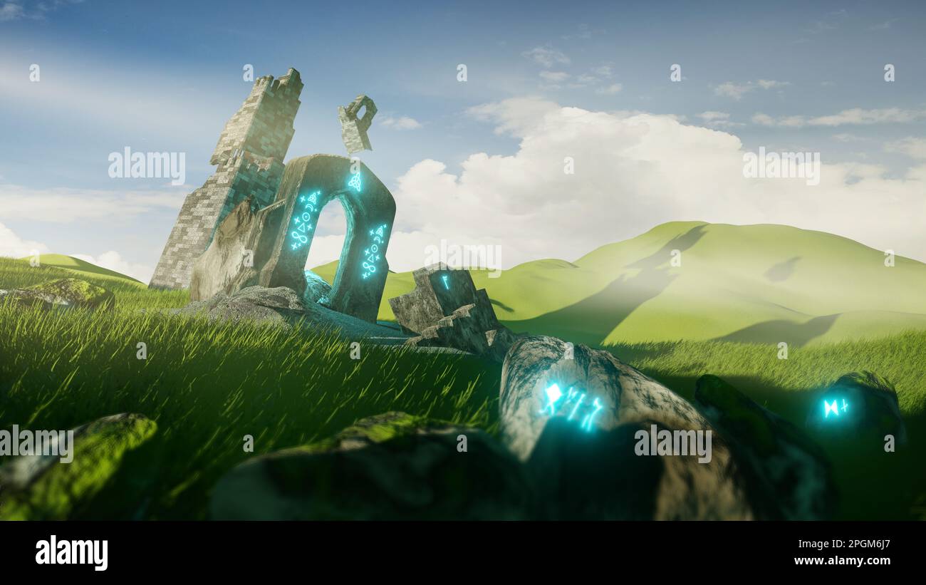 Un antico tempio arcate rovina con pietre runiche incandescenti. Disegno di paesaggio fantasy 3D. Foto Stock