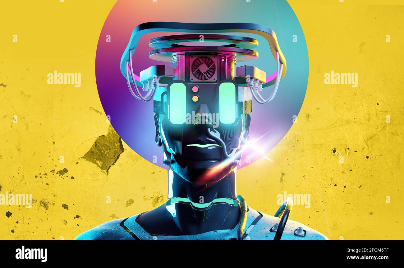 Neon Cyber Human futuristico con occhi luminosi. Illustrazione per 3D persone Foto Stock