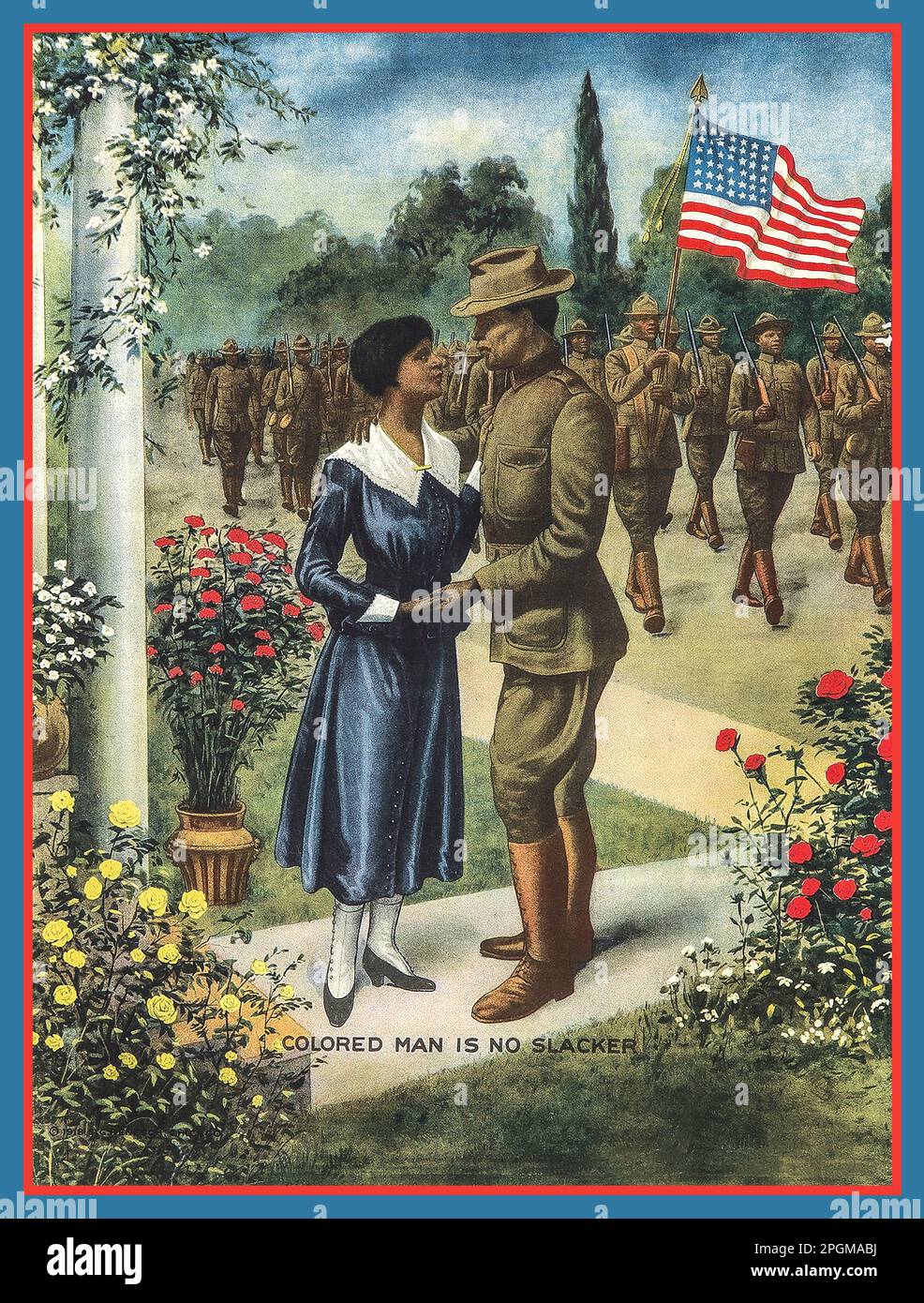 WW1 Racial Vintage 1915 non PC American WW1 Racial propaganda razziale cartolina " COLORED MAN IS NO SLACKER", con un soldato americano di colore che dice addio al suo partner. Reggimento di soldati di colore dietro che portano la bandiera Stars and Stripes. America USA. Prima guerra mondiale prima guerra mondiale prima guerra mondiale Foto Stock