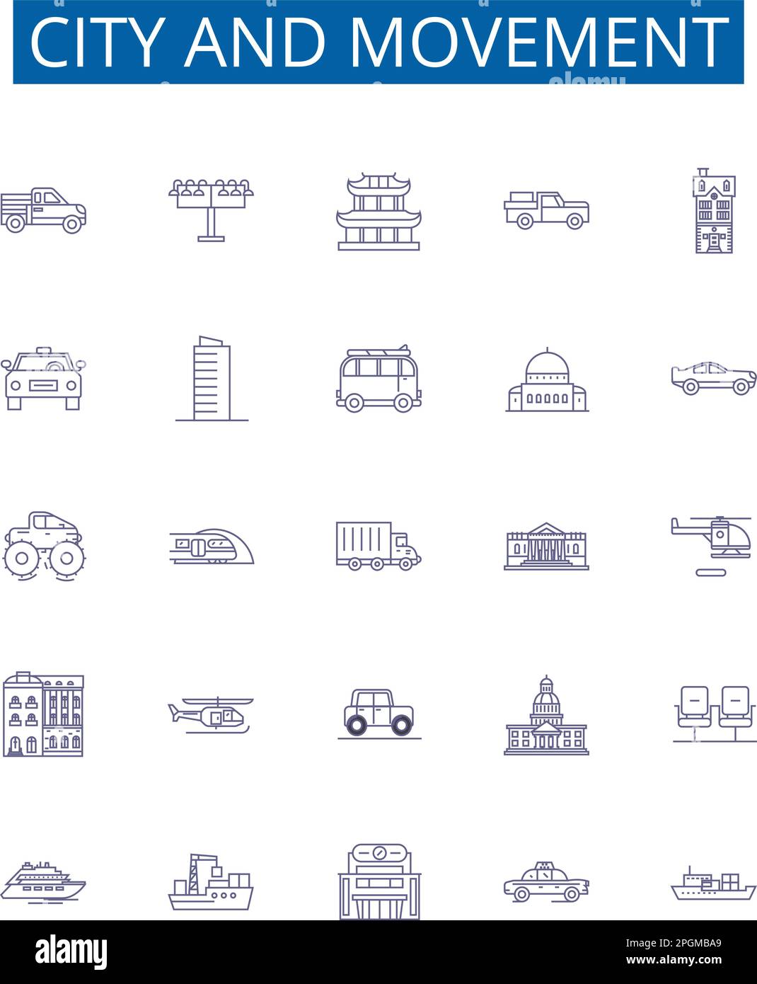 Set di simboli delle icone della città e della linea di movimento. Collezione design di città, movimento, trasporti, urbano, pedonale, moto, auto, bus contorno concetto vettore Illustrazione Vettoriale