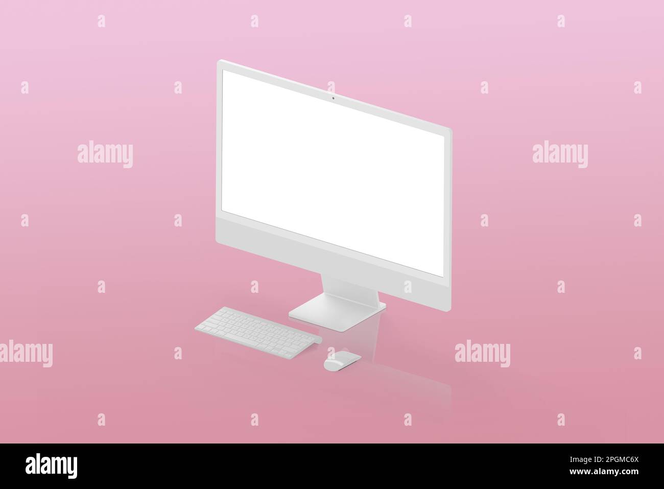 Display bianco isometrico, tastiera e mouse su superficie rosa. Schermo isolato per presentazioni di mockup, app o pagine Web Foto Stock