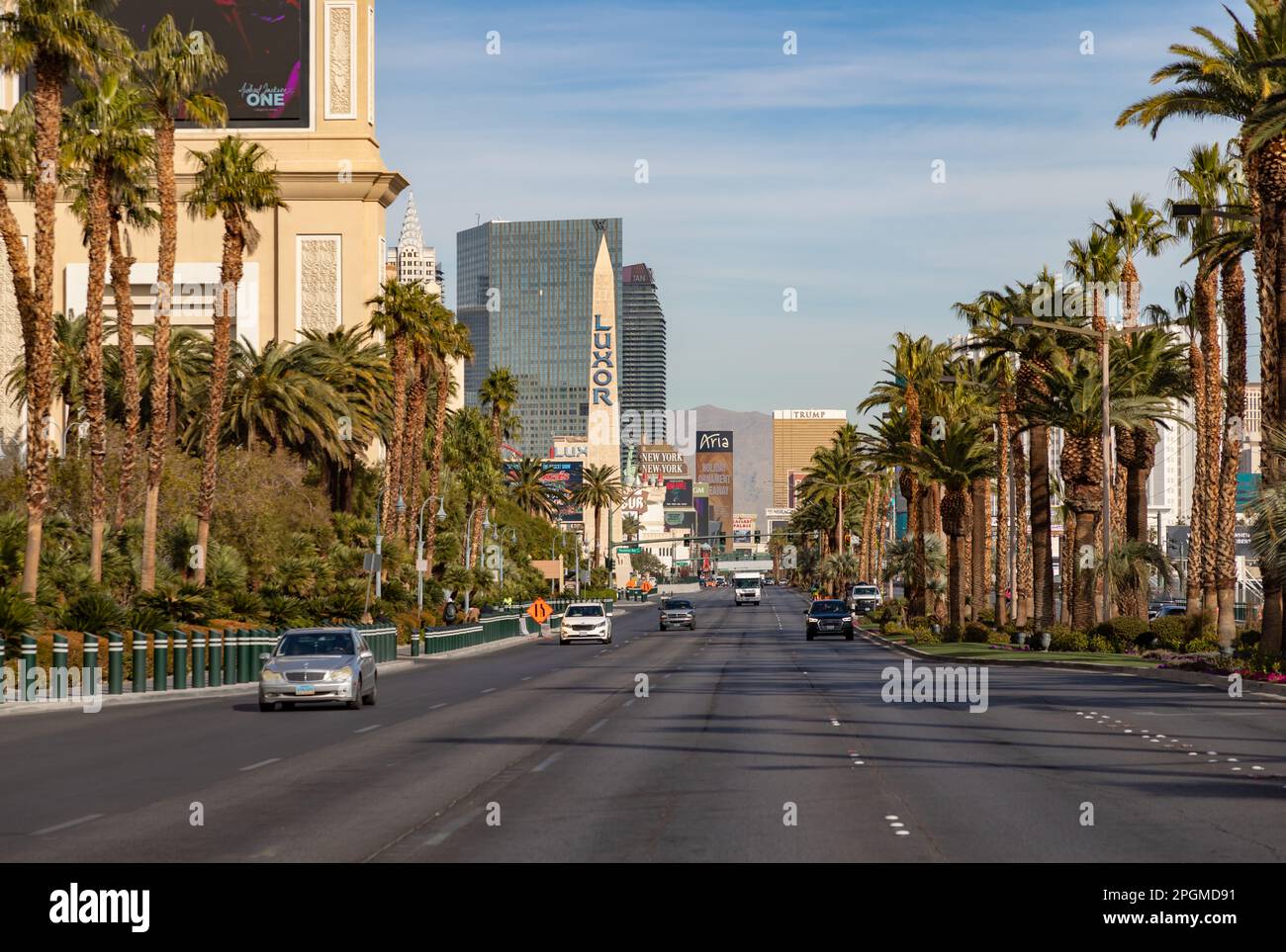 Una foto del Las Vegas Boulevard South fiancata da palme. Foto Stock