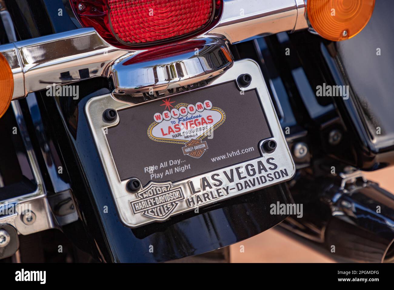 Una foto della filiale Harley-Davidson di Las Vegas su una targa per motociclette. Foto Stock