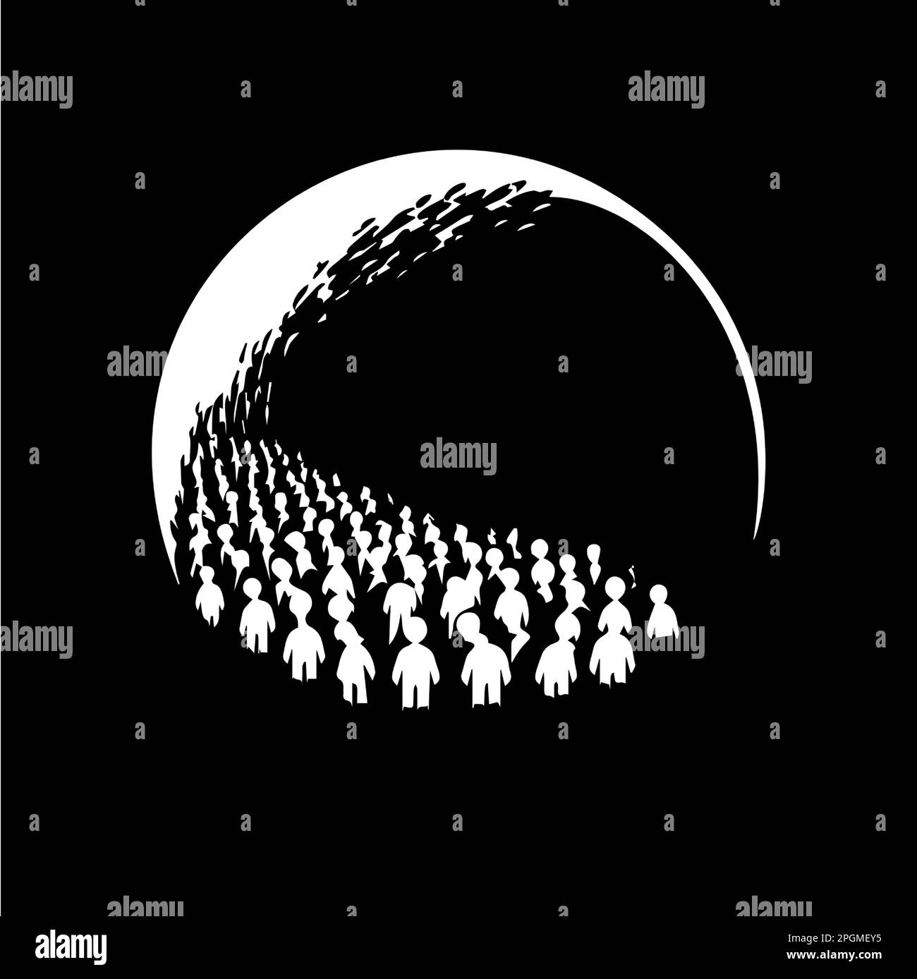 La gente folla in piedi in fila o camminare in avanti, molte persone, simbolo di persone sottomissive, conseguenze del segno di propaganda. Illustrazione vettoriale. Illustrazione Vettoriale