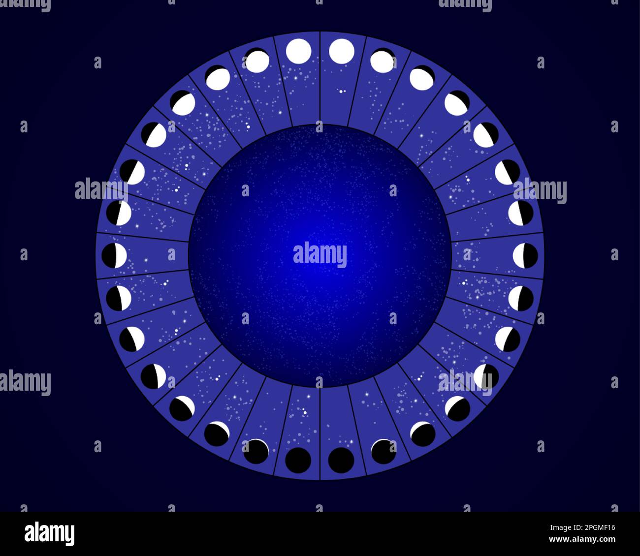 cerchio delle fasi lunari, tabella vettoriale dell'astronomia del calendario, ruota lunare isolata su sfondo stellato blu Illustrazione Vettoriale