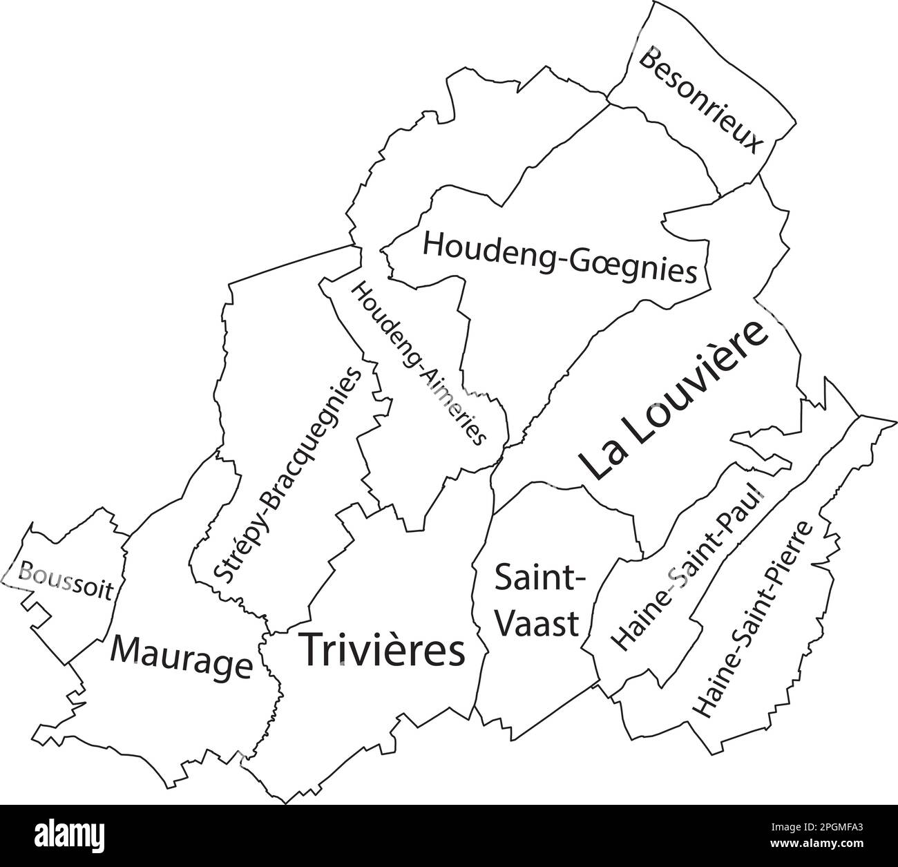 Mappa amministrativa vettoriale piatta bianca di LA LOUVIÈRE, BELGIO con nomi e linee di confine nere dei suoi comuni Illustrazione Vettoriale