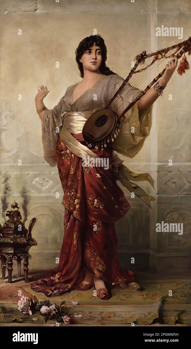 Sichel Nathaniel - giovane donna con strumento Plucked - Scuola tedesca - 19th ° secolo - Sichel Nathaniel - Junge Frau mit Zufinstrument - Scuola tedesca - 19th ° secolo Foto Stock