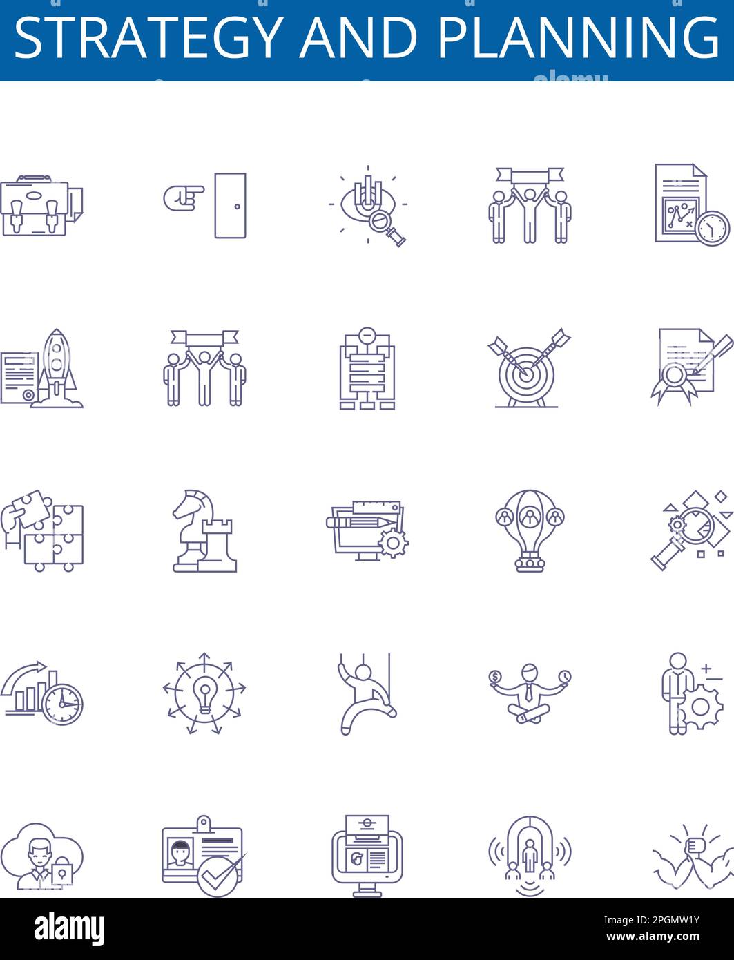 Set di simboli delle icone delle linee di strategia e pianificazione. Progettare la raccolta di strategia, pianificazione, visione, missione, obiettivo, obiettivo, risultato, concetto di schema metrico Illustrazione Vettoriale