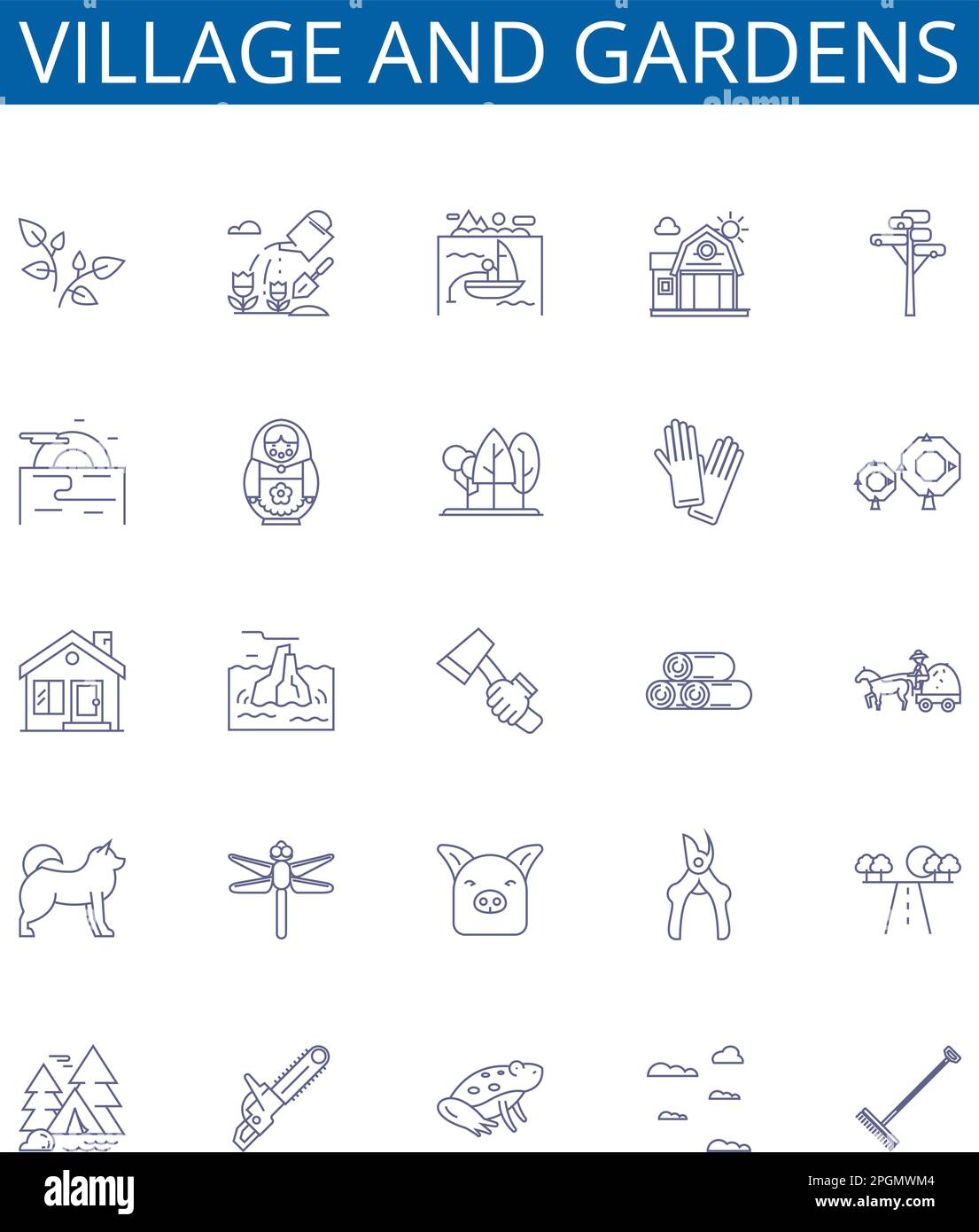 Villaggio e giardini linea icone segno set. Collezione di disegno di Villaggio, Giardini, Rurale, orticoltura, piantando, Natura, Agricoltura, Paesaggio Illustrazione Vettoriale