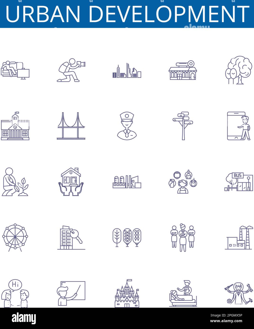 Linee di sviluppo urbano icone segnaletica set. Collezione di disegno di , urbanizzazione, progettazione, infrastruttura, trasporto, Quartieri, crescita Illustrazione Vettoriale