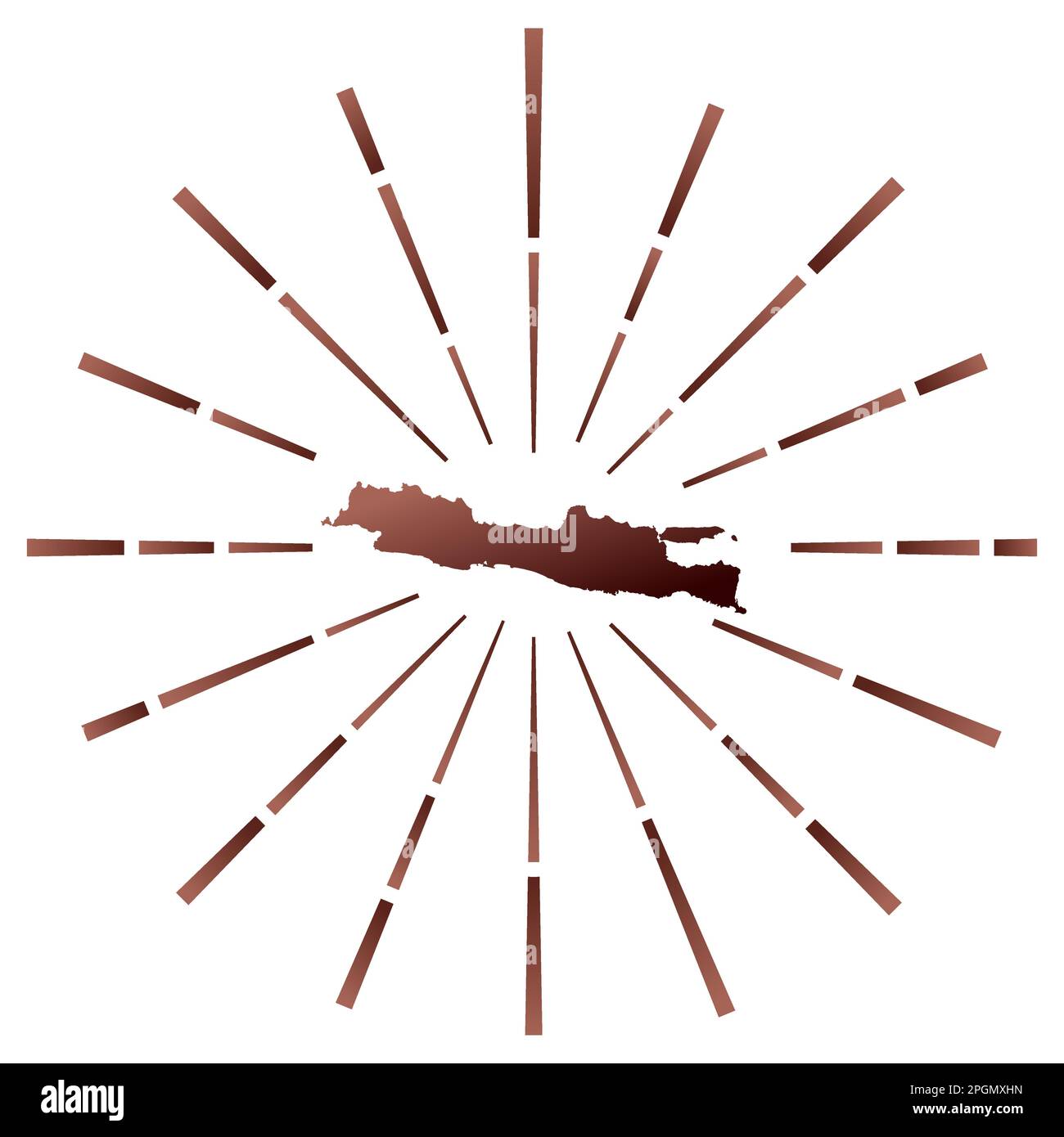 Burst solare con gradiente Java. Mappa dell'isola con raggi stellari colorati. Illustrazione Java in digitale, tecnologia, Internet, stile di rete. Illustrazione Vettoriale