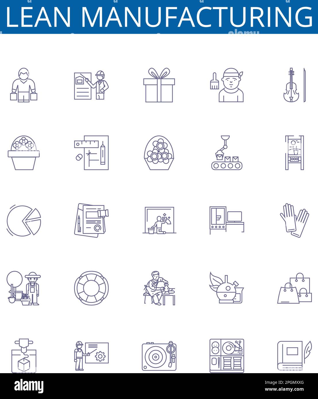 Set di simboli delle icone della linea di produzione snella. Collezione di design di Six Sigma, Lean, Kaizen, JIT, TPS, Kanban, 5S, Visual Management Outline Concept Vector Illustrazione Vettoriale