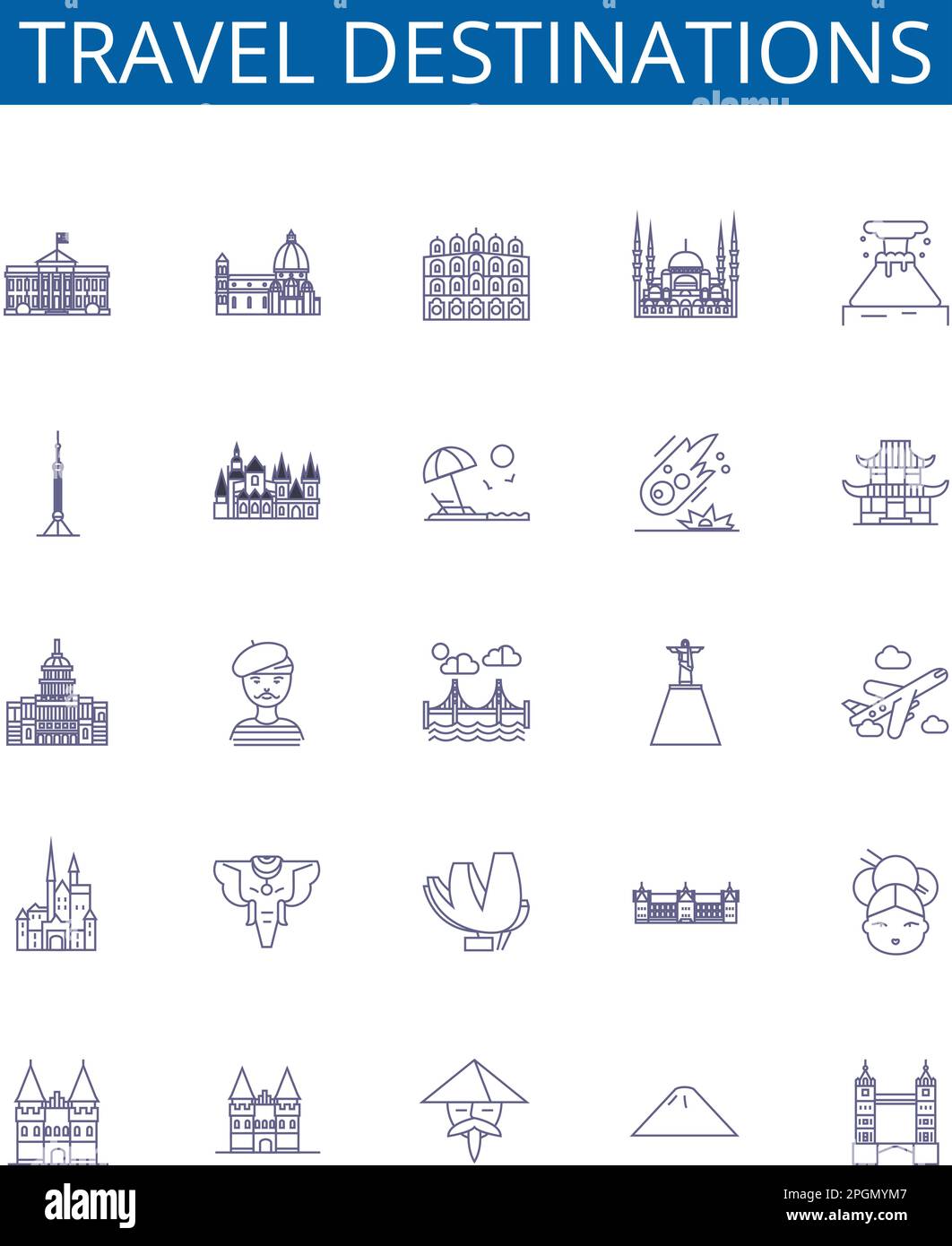 Set di simboli delle icone delle linee delle destinazioni di viaggio. Collezione di design di India, Messico, Francia, Giappone, Italia, Thailandia, Spagna, Canada delineano il concetto vettore Illustrazione Vettoriale