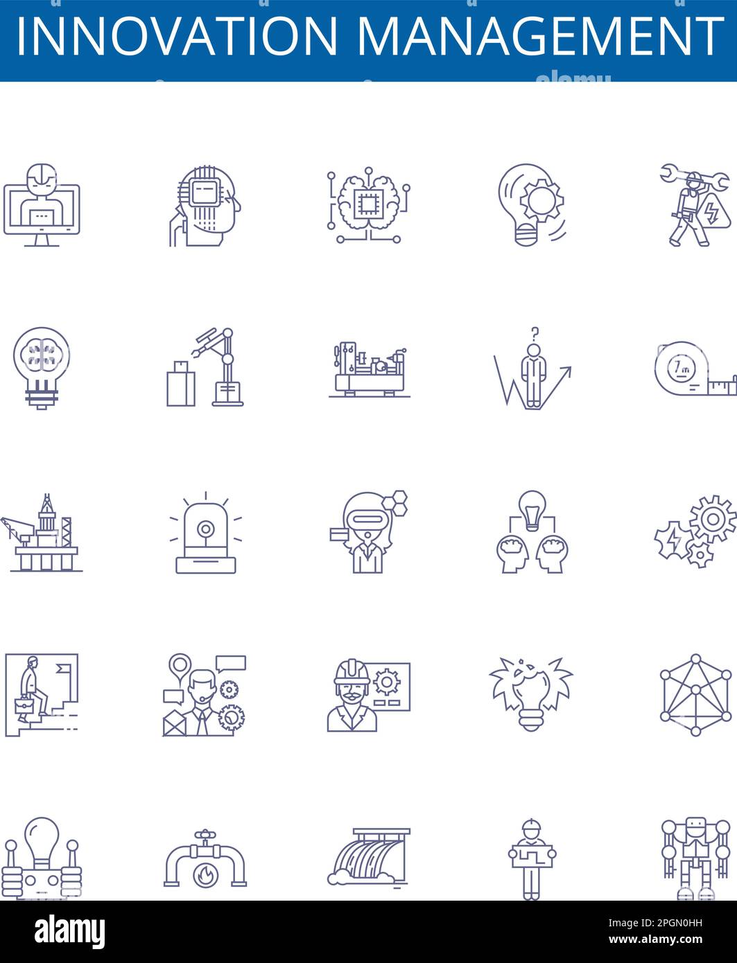 Icone della linea di gestione dell'innovazione set di simboli. Progettare la raccolta di innovazione, gestire, creare, visionario, cambiamento, Sviluppo, strategia, definizione del processo Illustrazione Vettoriale