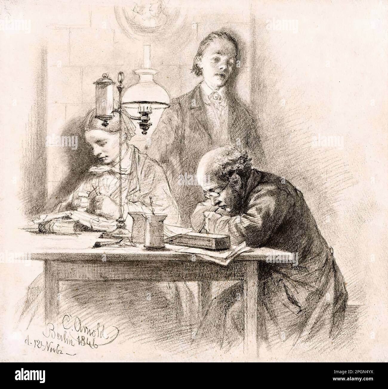 Arnold Carl Johann - Adolph Menzel Abends Beim Schein Der Lampe Arbeitend - Scuola tedesca - 19th e primi del 20th ° secolo - Arnold Carl Johann - Adolph Menzel Abends Beim Schein Der Lampe Arbeitend - Scuola tedesca - 19th e primi del 20th ° secolo Foto Stock