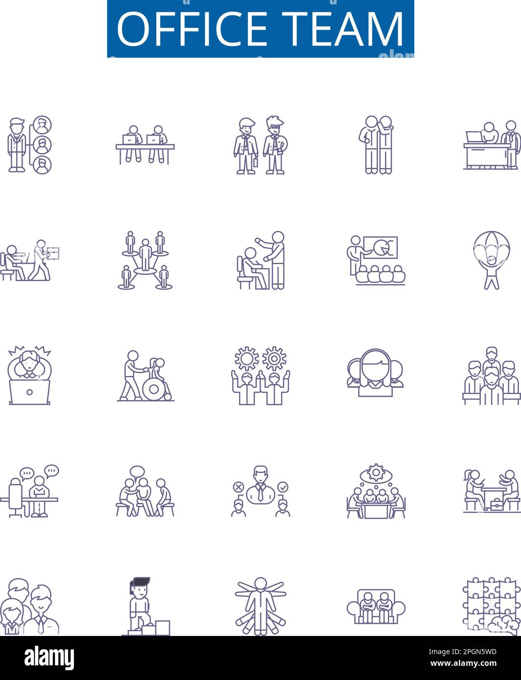Set di simboli delle icone della linea del team Office. Progettare la raccolta di Office, Team, cooperazione, ambiente di lavoro, collaborazione, Organizzazione, personale, rispetto schema Illustrazione Vettoriale