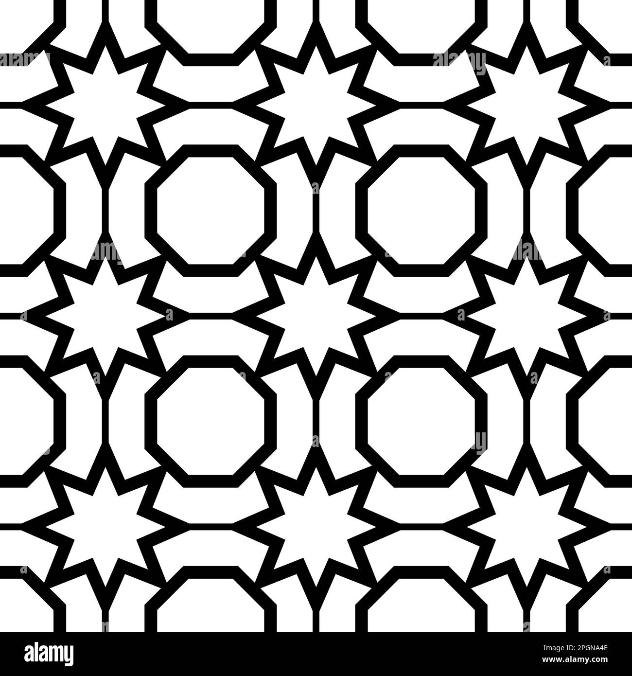 Grafica vettoriale monocromatica senza interruzioni di una griglia di ottagoni e stelle ottagonali. Design di ispirazione musulmana e araba Illustrazione Vettoriale
