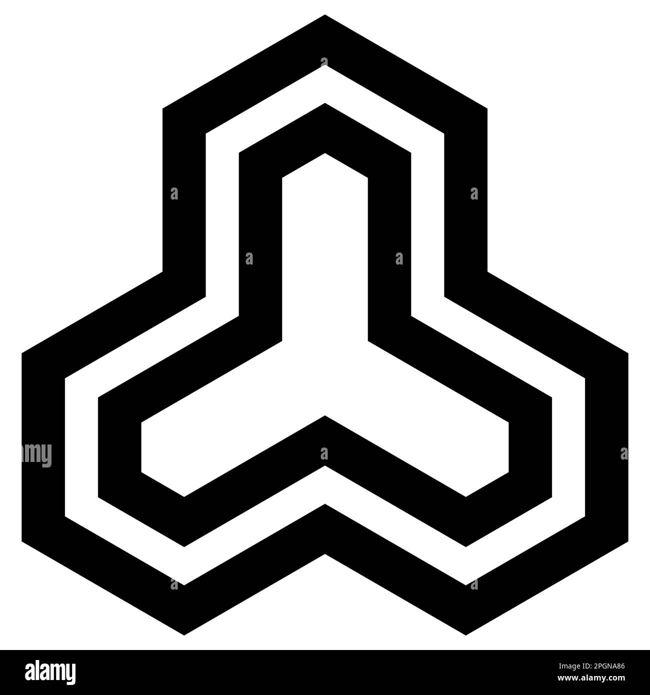 Grafica vettoriale monocromatica di tre esagoni intersecanti e una forma simile più piccola contenuta al suo interno. Può essere utilizzato come logo aziendale Illustrazione Vettoriale