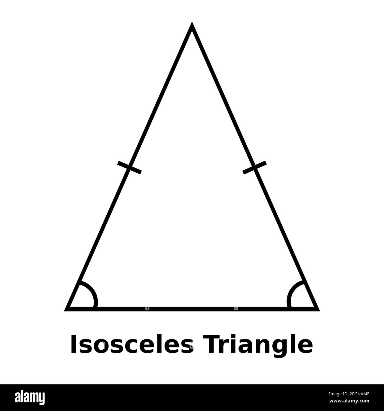 Semplice grafica vettoriale monocromatica di un triangolo isoscele. Si tratta di una forma a tre lati, due dei quali di uguale lunghezza e due angoli interni Illustrazione Vettoriale