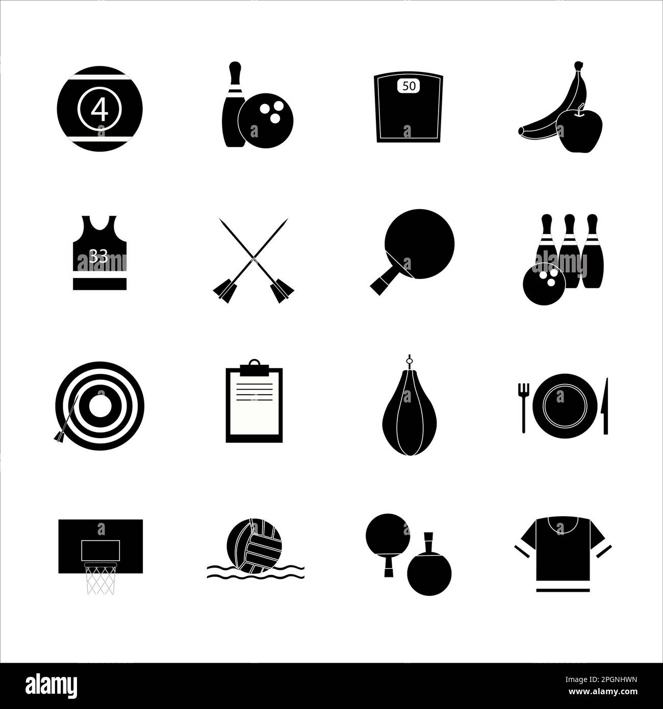 Collezione di icone con diversi sport e mangiare sano in un design semplice Foto Stock