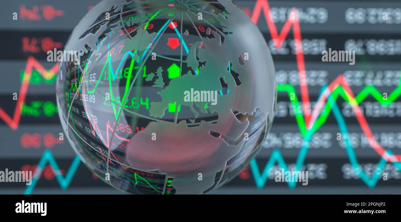 Grafici e dati del mercato azionario con il globo in primo piano Foto Stock