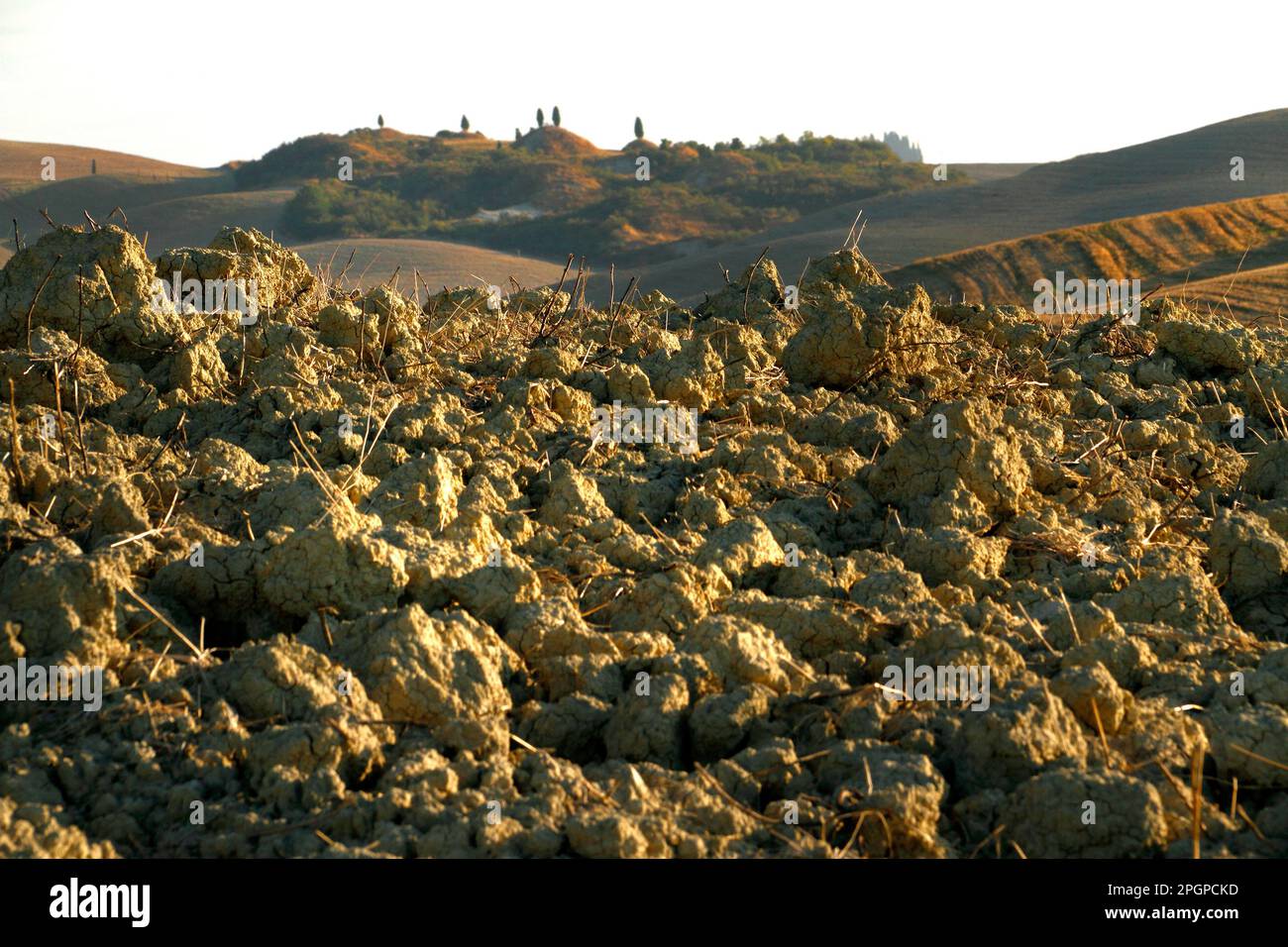 Zolle di terra arata e paesaggio toscano sullo sfondo, Val d'Orcia, Toscana, Italia Foto Stock