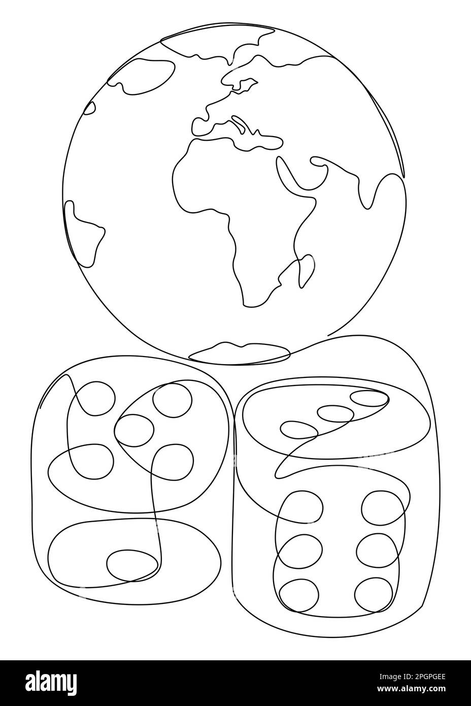 Una linea continua di Terra Globe e dadi. Concetto di vettore di illustrazione a linea sottile. Disegno di contorno idee creative. Illustrazione Vettoriale