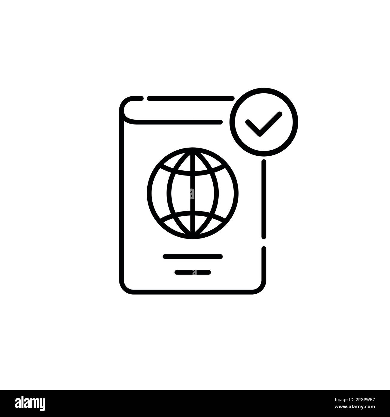 Documento di viaggio approvato. Passaporto con simbolo di terra. Icona della linea di tratto modificabile pixel Perfect Illustrazione Vettoriale