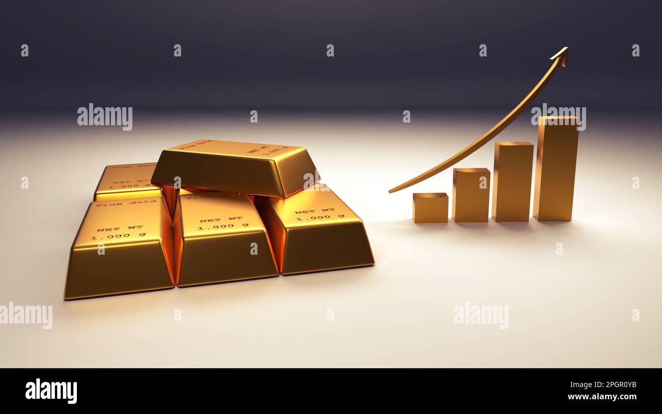 Barre d'oro impilate con una freccia rivolta verso l'alto su uno sfondo grigio, rendering 3D, concetto finanziario Foto Stock