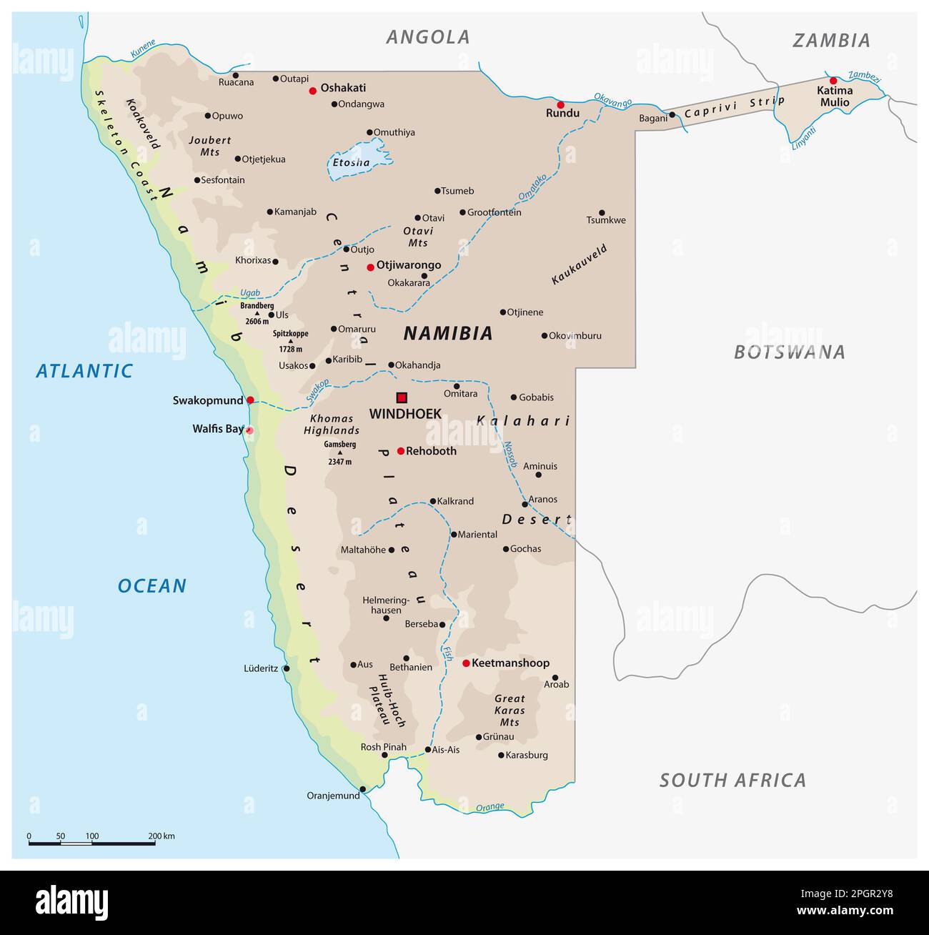 Semplice mappa dello stato della Namibia nell'Africa meridionale Foto Stock