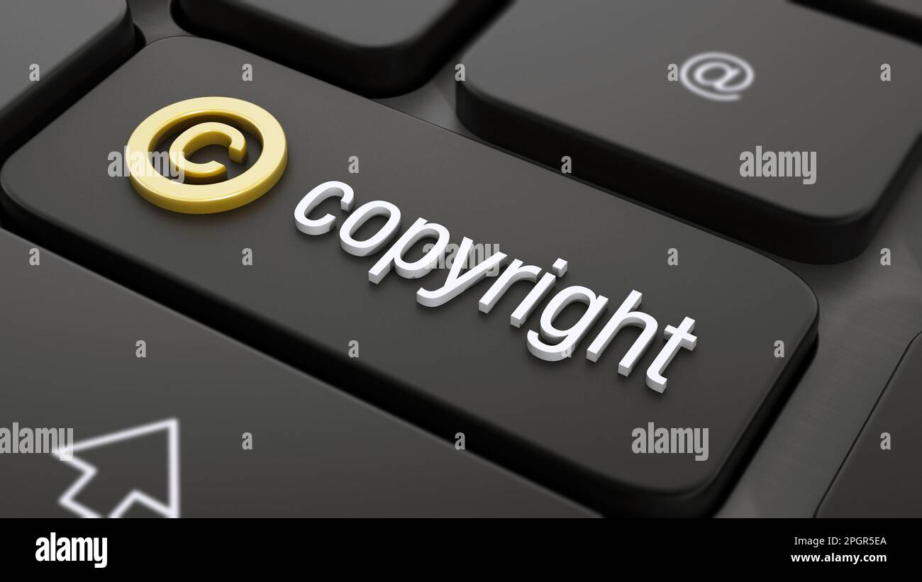 Simbolo di copyright e testo su tasto nero della tastiera. Illustrazione 3D. Foto Stock