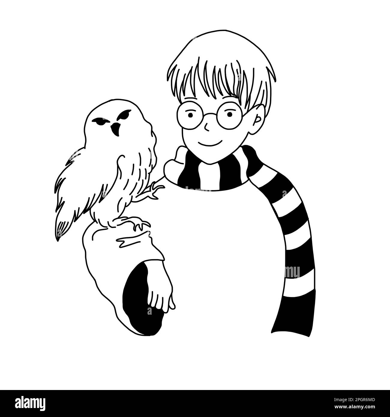 Harry Boy in bicchieri con gufo bianco dai libri. Illustrazione magica vettoriale in stile fumetto isolato su sfondo bianco. Illustrazione Vettoriale